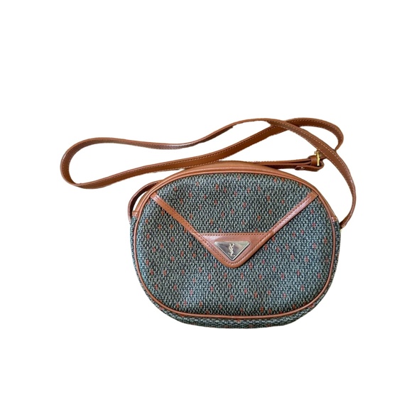 Vintage YSL Coated Tweed Crossbody Bag Leather Trim - Picture 1 of 9